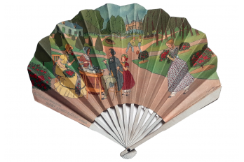 Balloon game and tea in the garden, fan circa 1910