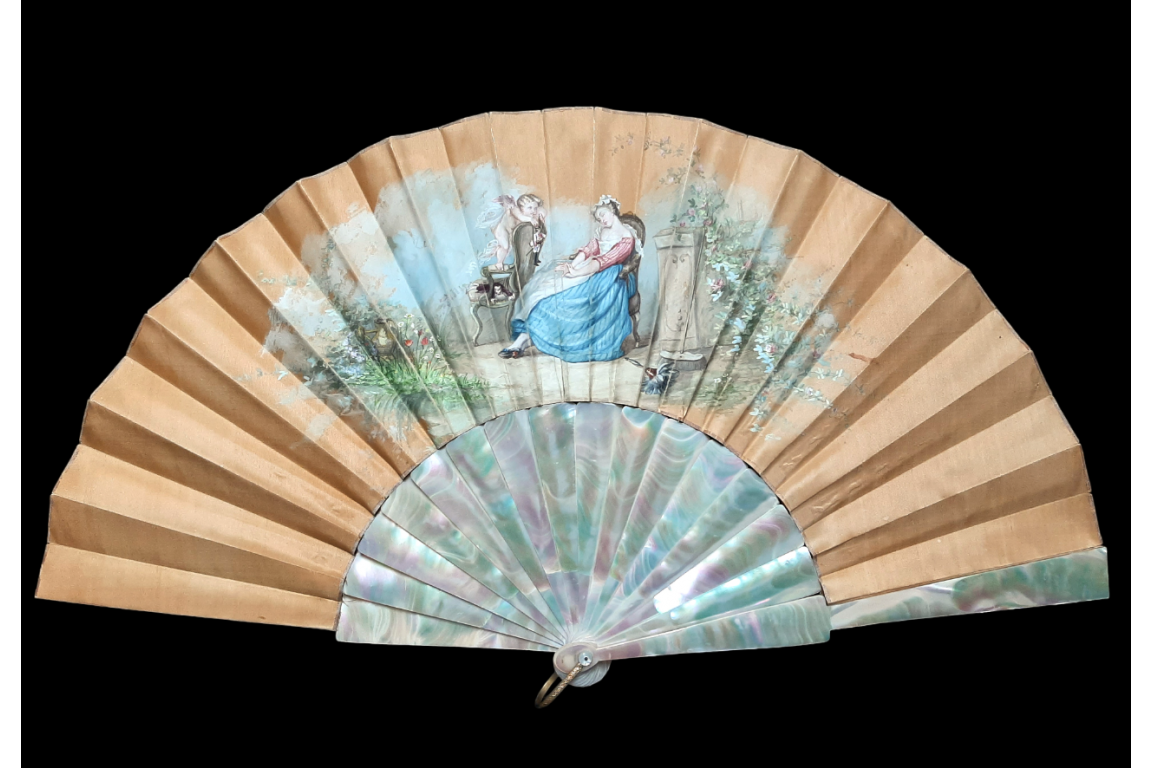 The happy dream or when love pulls the strings fan circa 1870-1900