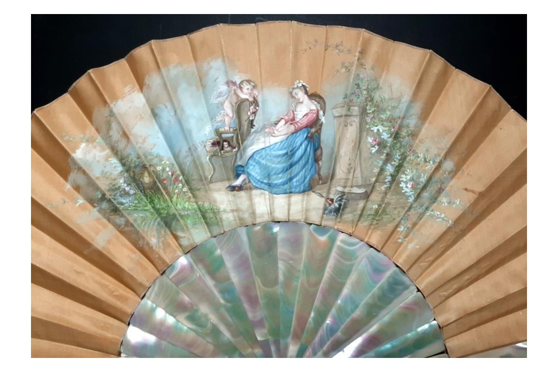 The happy dream or when love pulls the strings fan circa 1870-1900