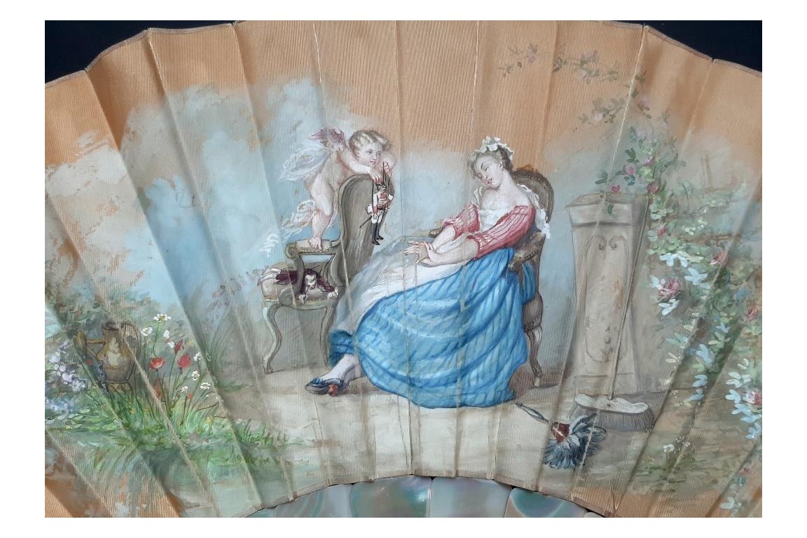 The happy dream or when love pulls the strings fan circa 1870-1900
