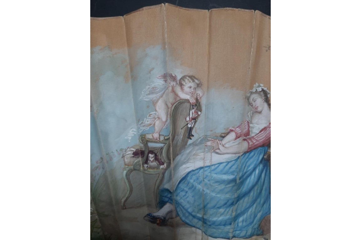 The happy dream or when love pulls the strings fan circa 1870-1900