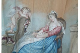 The happy dream or when love pulls the strings fan circa 1870-1900