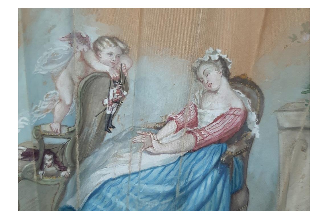 The happy dream or when love pulls the strings fan circa 1870-1900