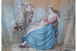 The happy dream or when love pulls the strings fan circa 1870-1900