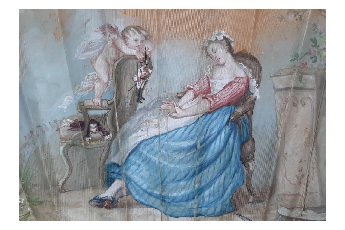 The happy dream or when love pulls the strings fan circa 1870-1900