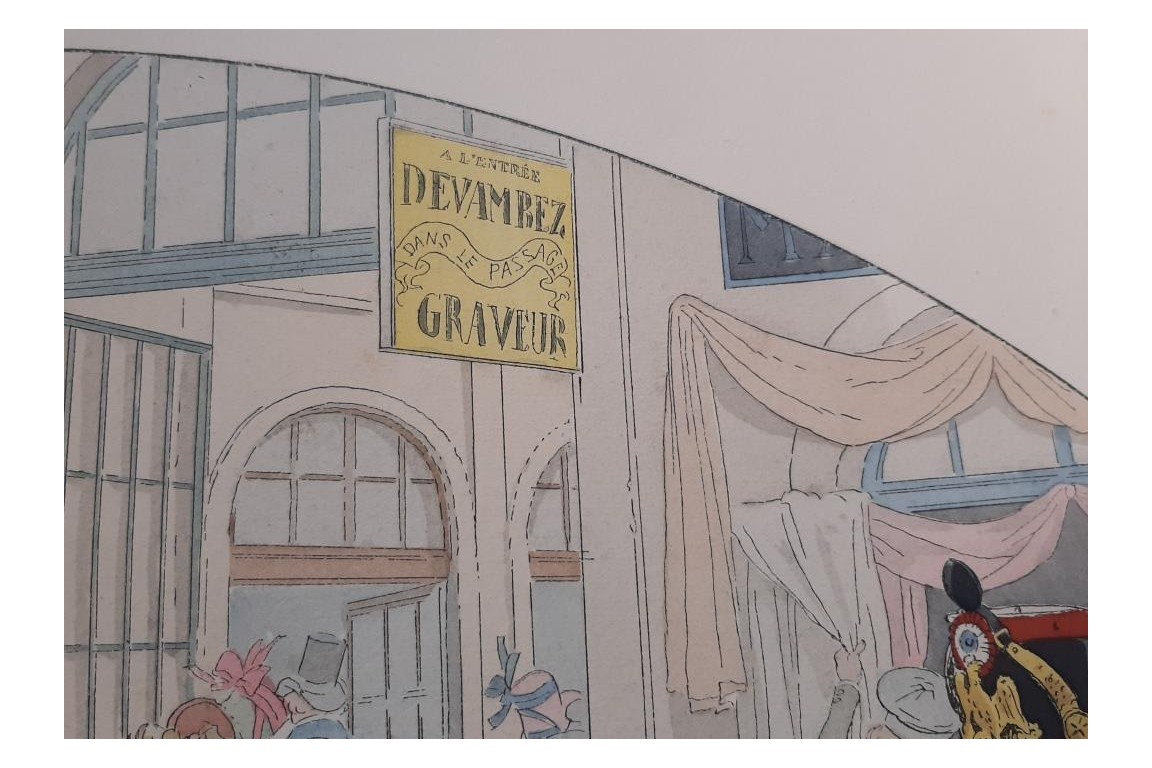 Le passage des Panoramas en 1830, feuille d'éventail d'après Courboin, 1899