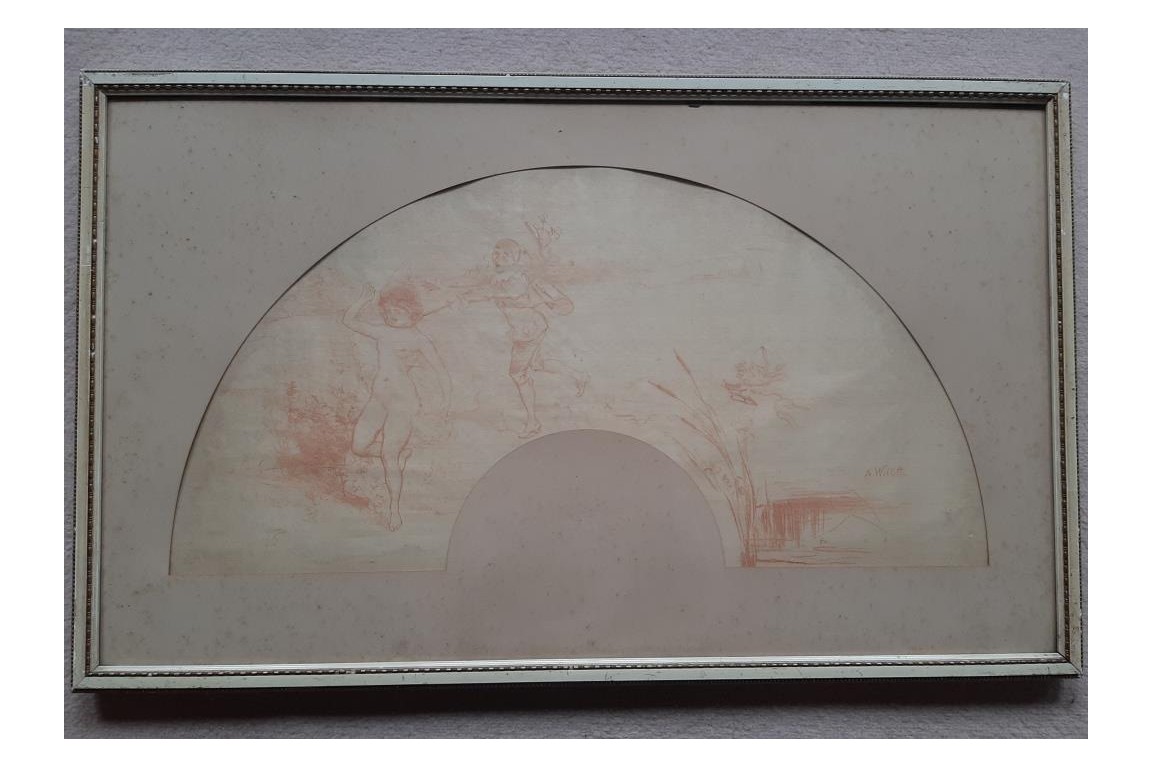 Prendre la femme dans ses filets, feuille d'éventail de Willette, vers 1900