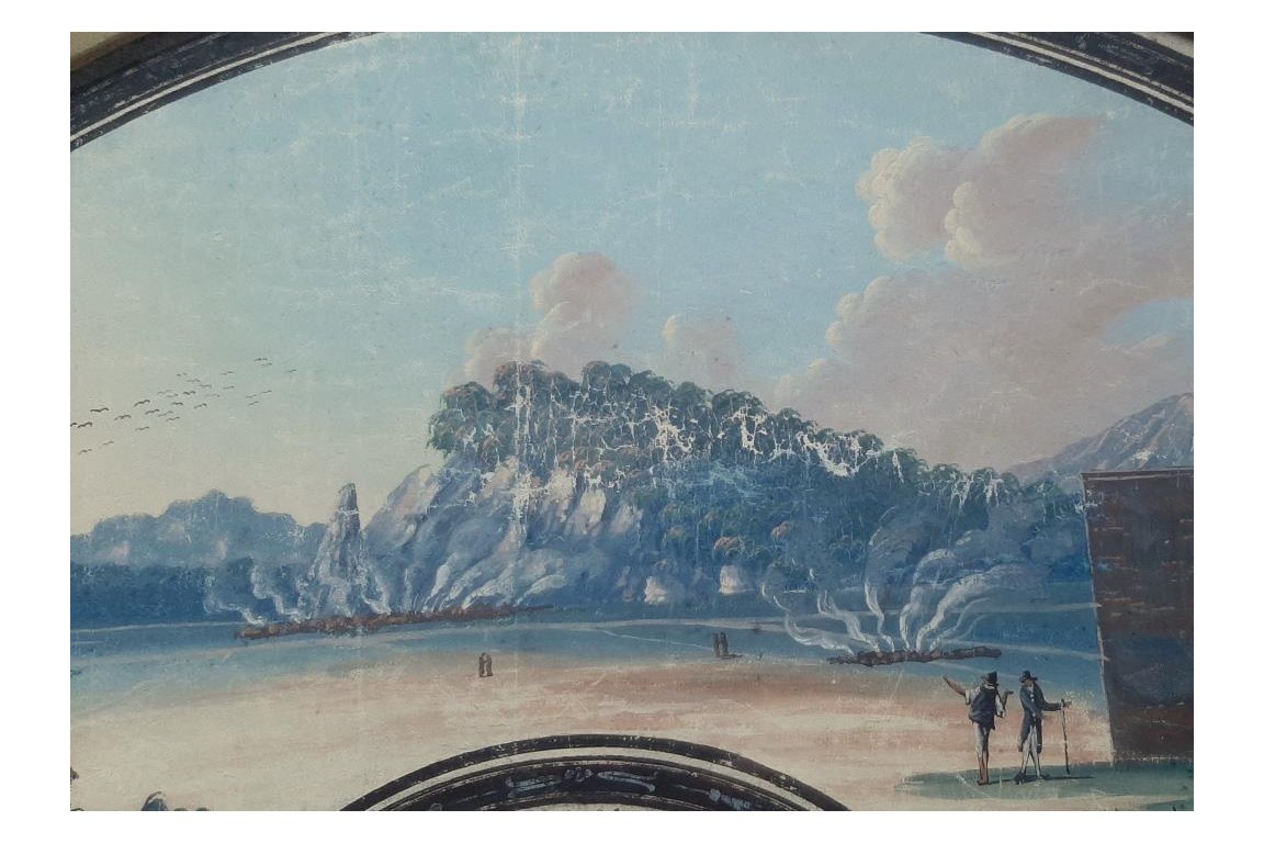 Les cendres et le souffre de Solfatara. Feuille d'éventail du Grand Tour, fin XVIIIeme