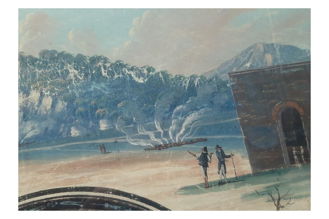 Les cendres et le souffre de Solfatara. Feuille d'éventail du Grand Tour, fin XVIIIeme