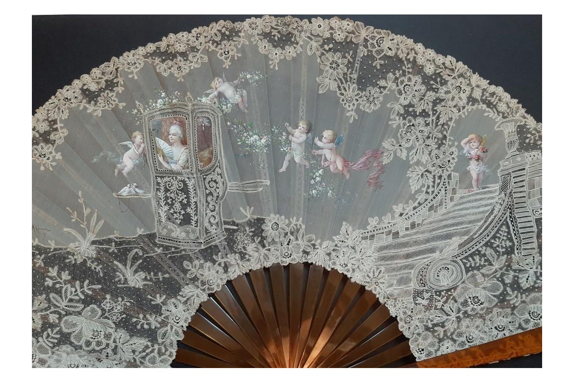 Sedan chair by Rodigue. Lace fan, circa 1890-95