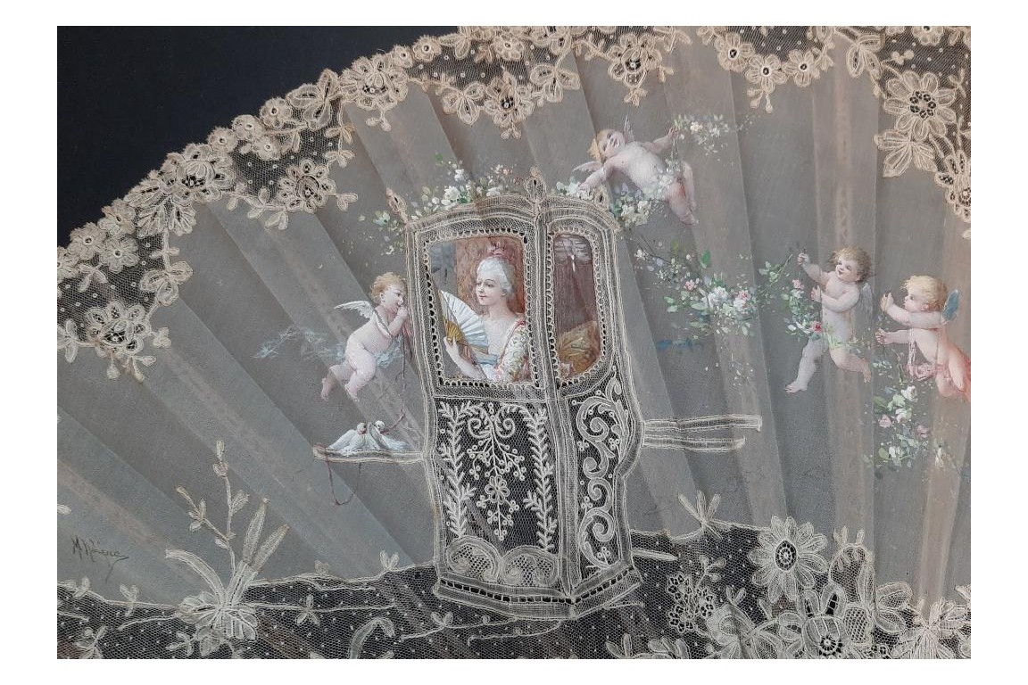 Sedan chair by Rodigue. Lace fan, circa 1890-95