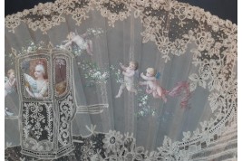 Sedan chair by Rodigue. Lace fan, circa 1890-95