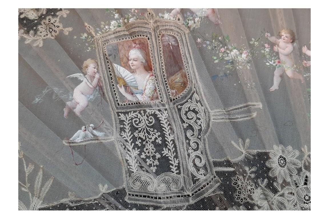 Sedan chair by Rodigue. Lace fan, circa 1890-95