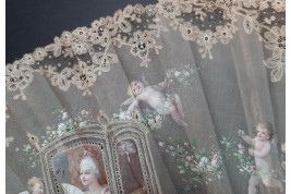 Sedan chair by Rodigue. Lace fan, circa 1890-95