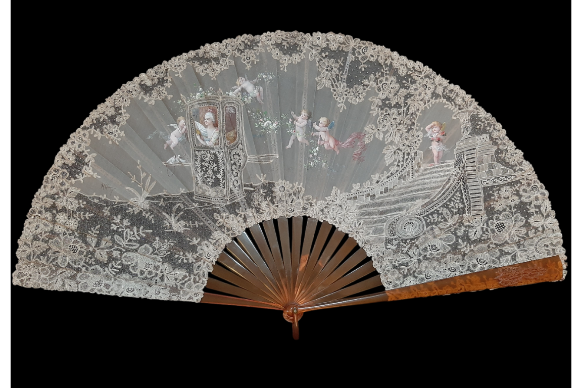 Sedan chair by Rodigue. Lace fan, circa 1890-95