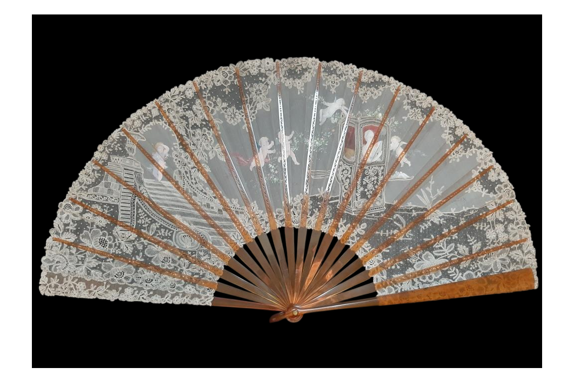 Sedan chair by Rodigue. Lace fan, circa 1890-95