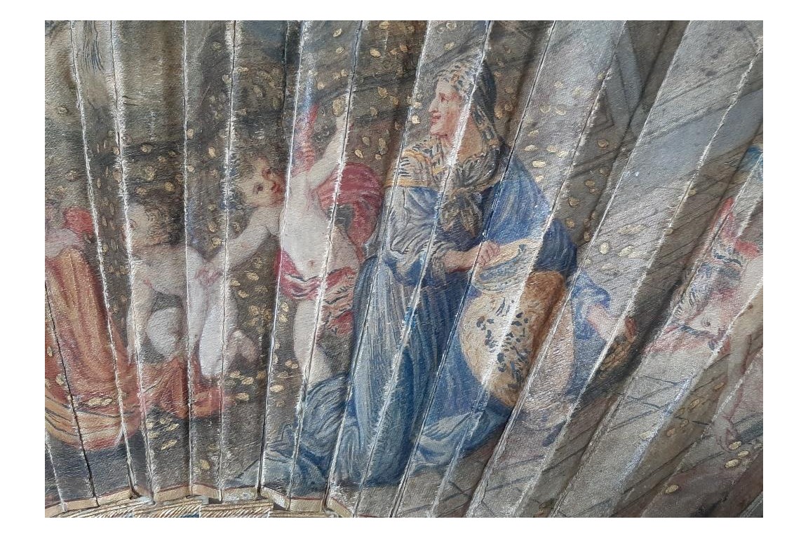 Danaé, Jupiter et la pluie d'or. Eventail période Louis XV ou pastiche