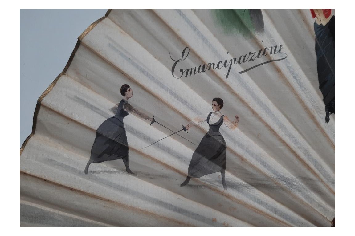 The emancipation of women, fan by Emilio Colombo, late 19th century