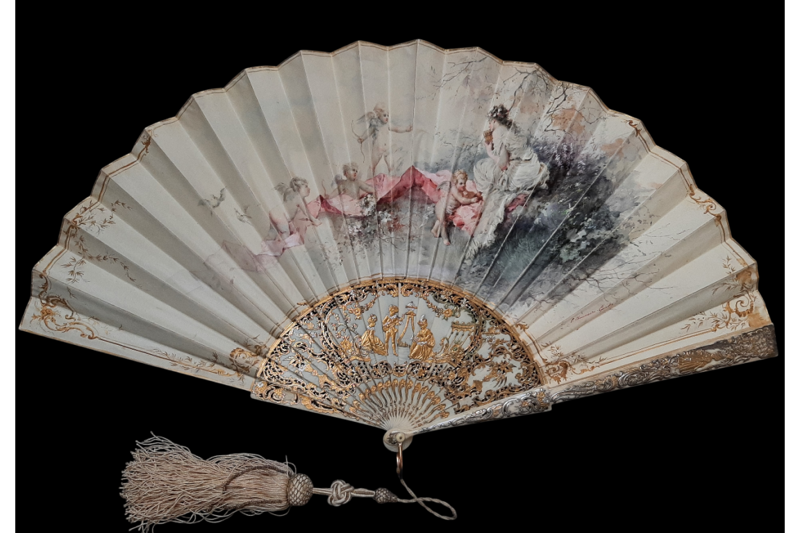 Nymphe à la flute de pan, éventail de Cécile Chennevière-Gaudez vers 1880