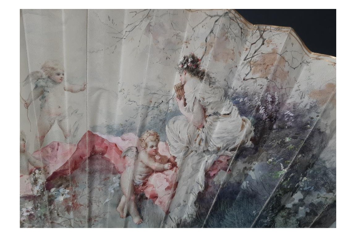 Nymphe à la flute de pan, éventail de Cécile Chennevière-Gaudez vers 1880