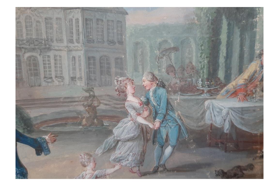 Après-midi dansant au château, feuille d'éventail vers 1770