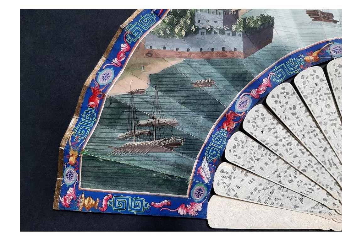 Le Château d’Eau de Canton et la pagode Whampoa, éventail XIXème siècle