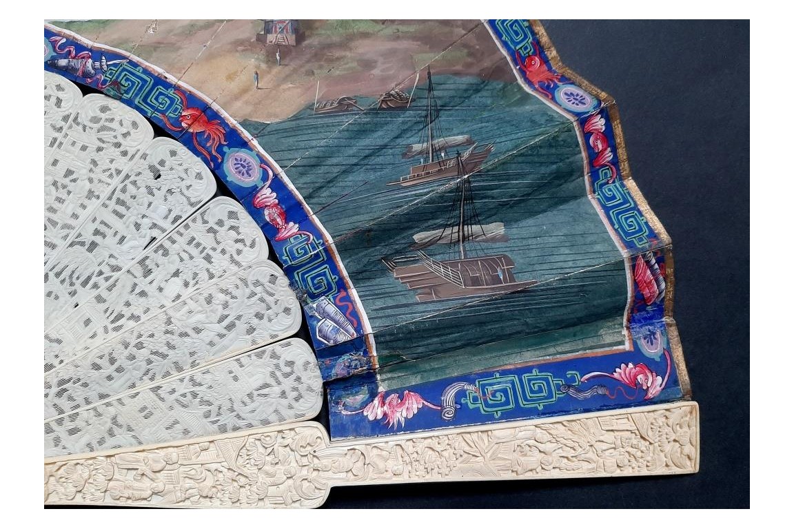 Le Château d’Eau de Canton et la pagode Whampoa, éventail XIXème siècle