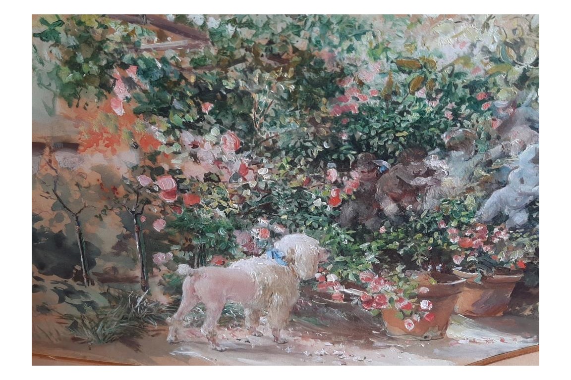 De retour du jardin, feuille d'éventail Belle Époque