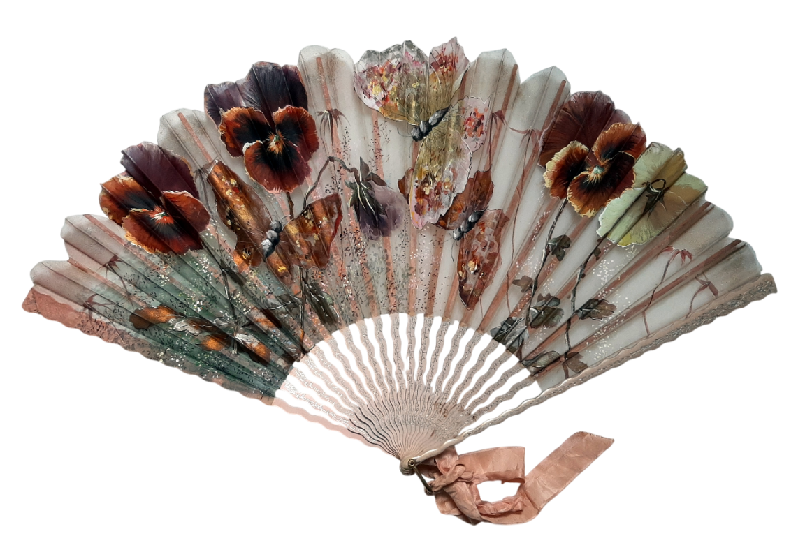 Pansies and butterflies, fan circa 1890