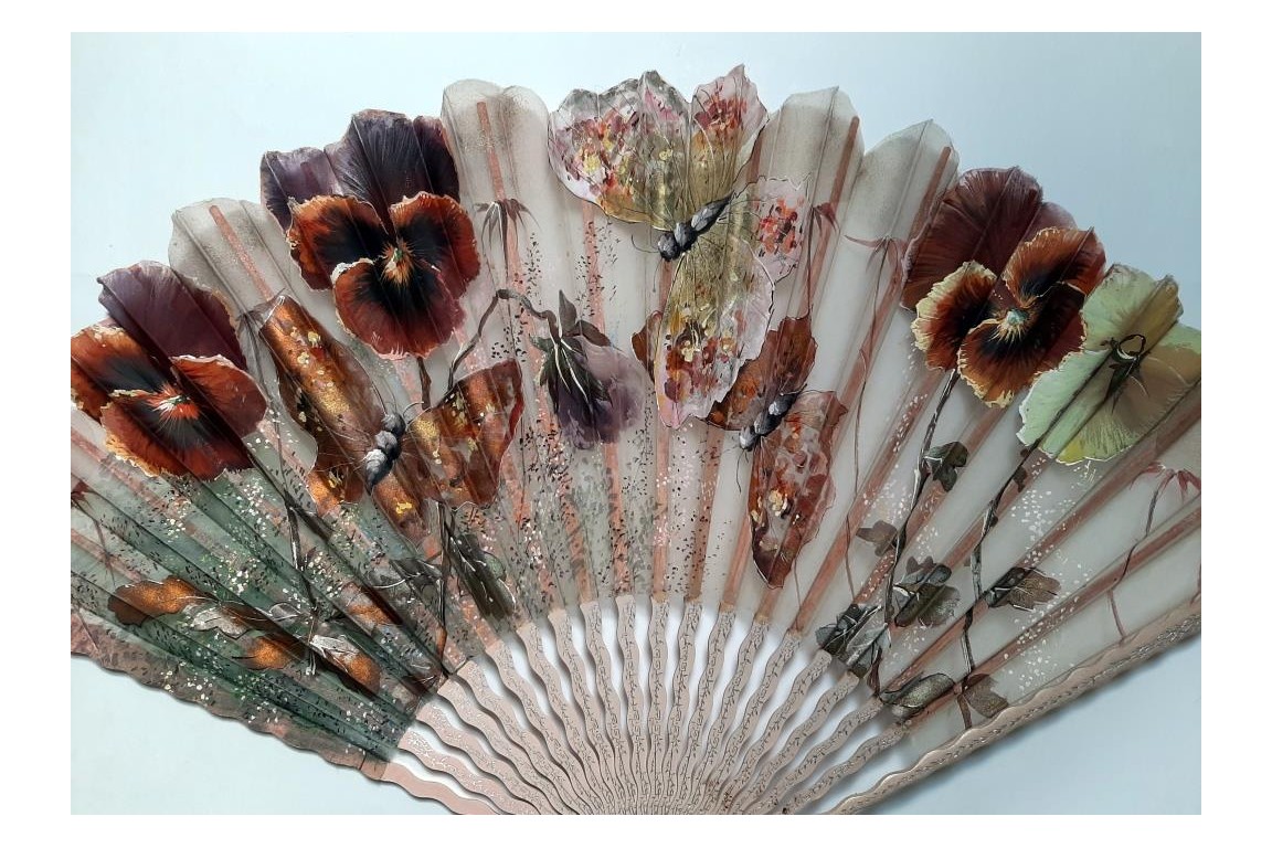 Pansies and butterflies, fan circa 1890