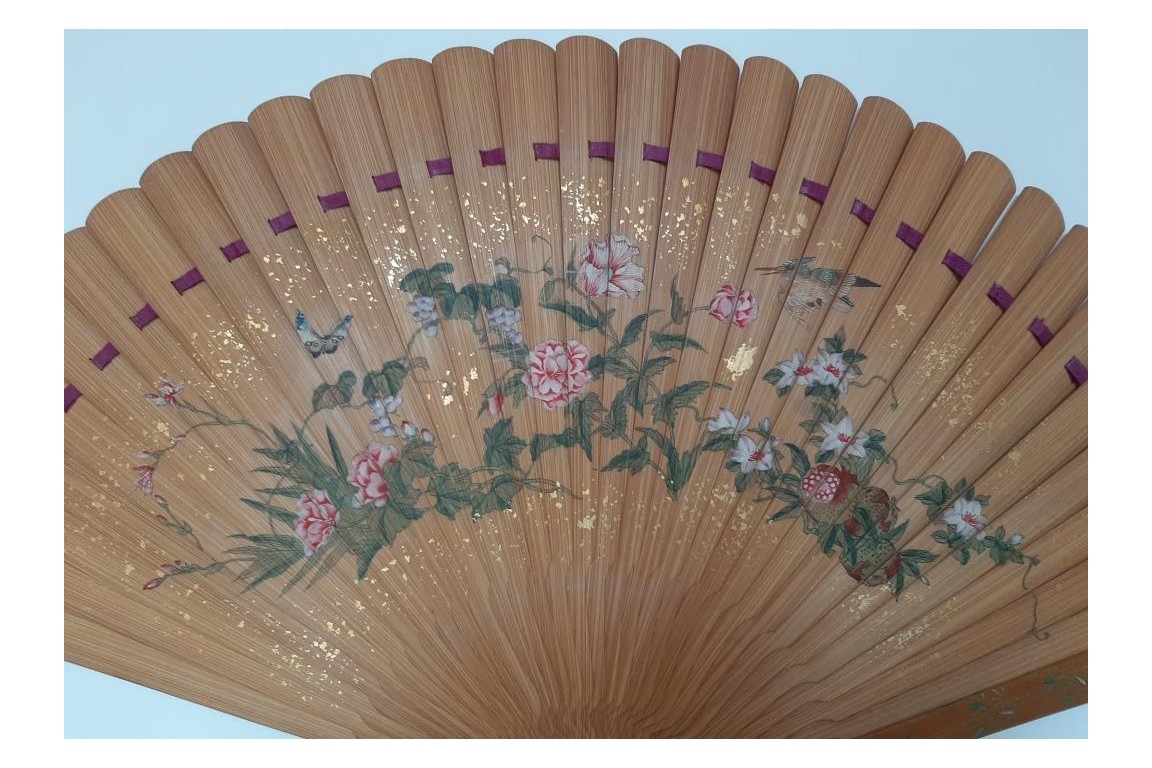 Pruning a pine tree, Japanese fan, Meiji era