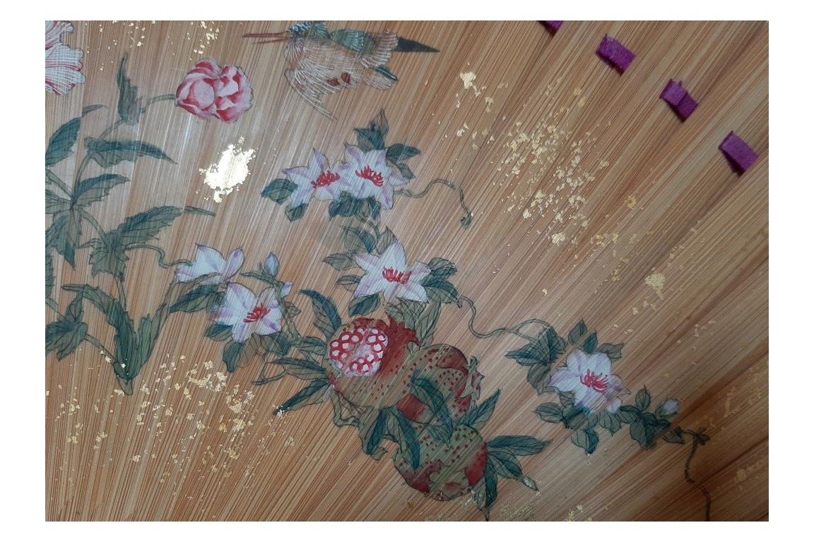 Pruning a pine tree, Japanese fan, Meiji era