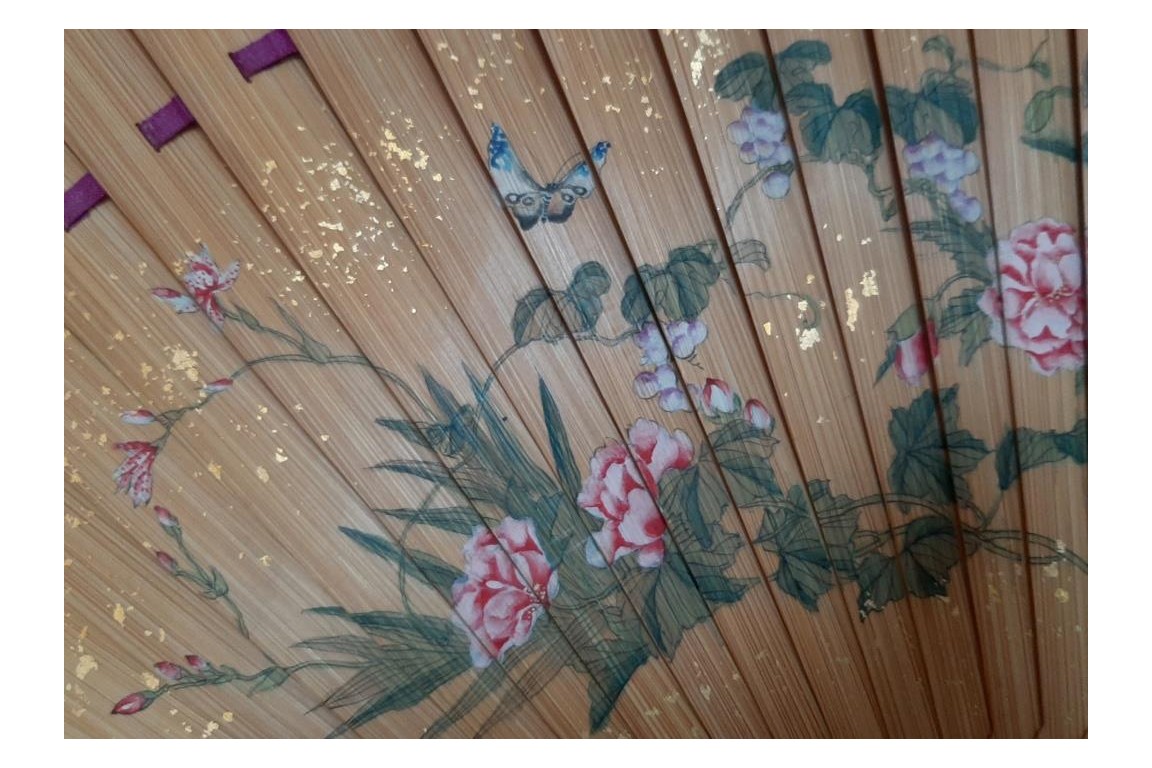 Pruning a pine tree, Japanese fan, Meiji era