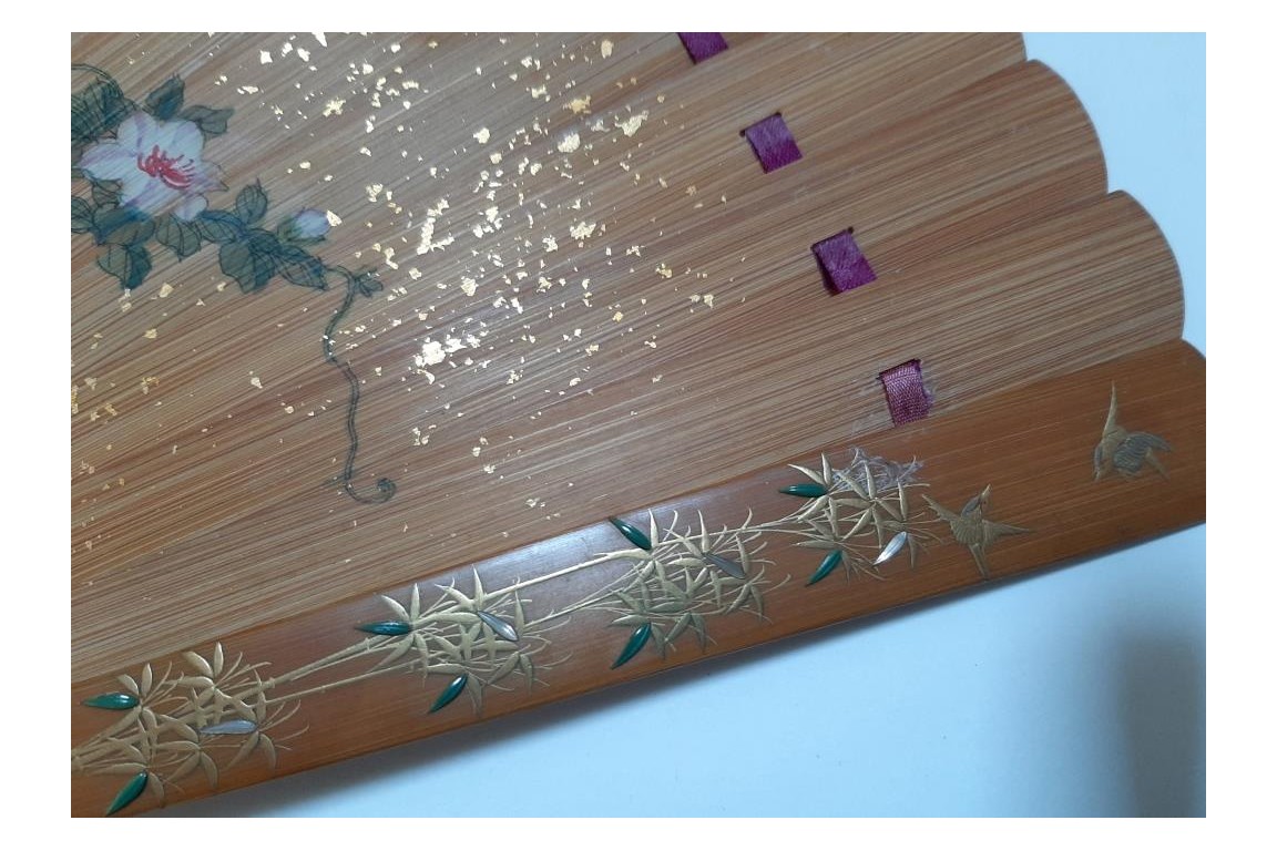 Pruning a pine tree, Japanese fan, Meiji era