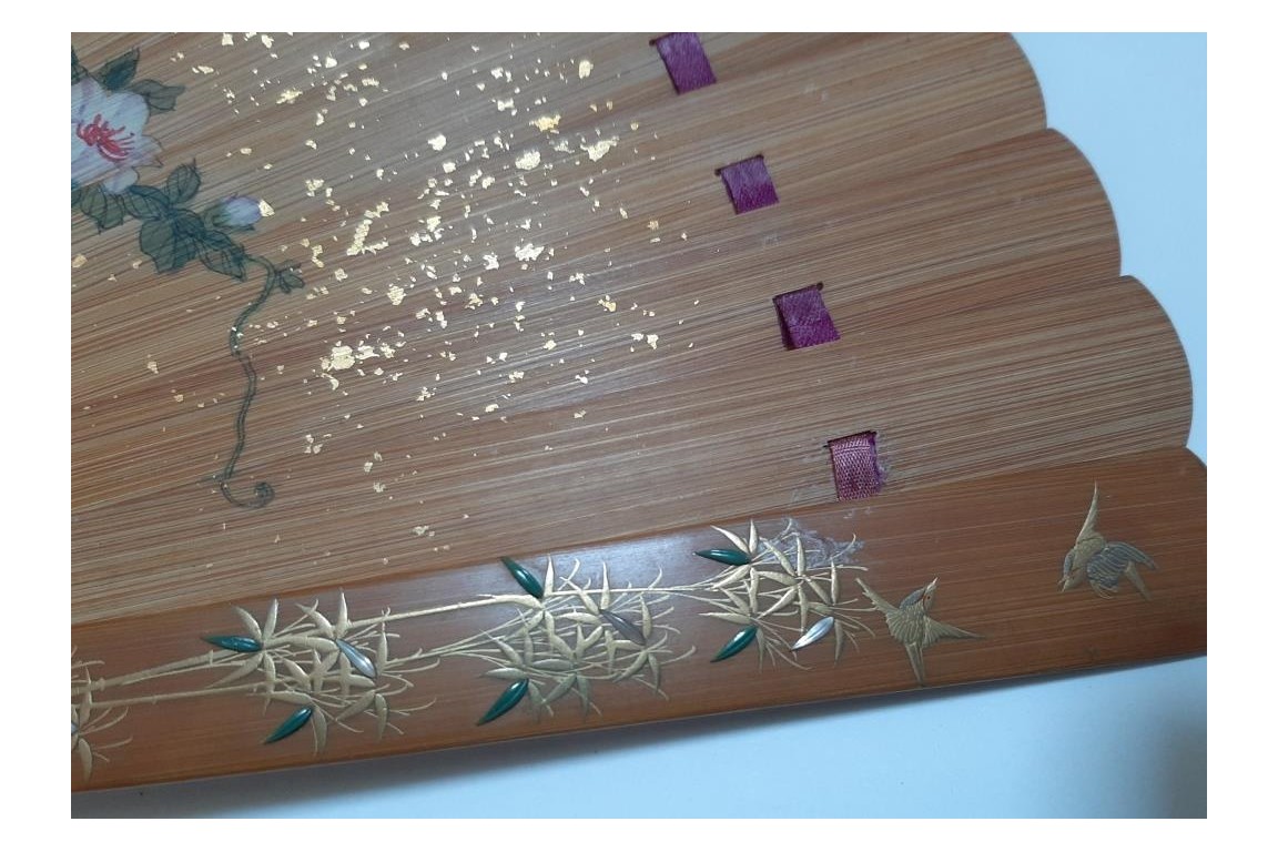 Pruning a pine tree, Japanese fan, Meiji era