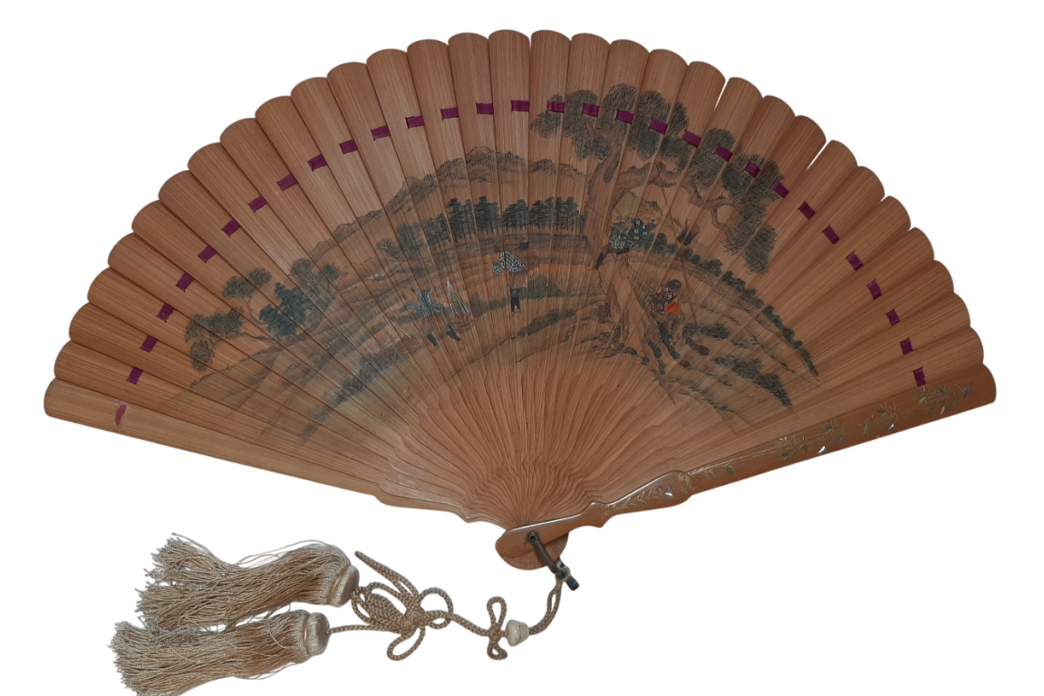 Pruning a pine tree, Japanese fan, Meiji era