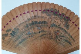 Pruning a pine tree, Japanese fan, Meiji era