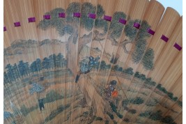 Pruning a pine tree, Japanese fan, Meiji era