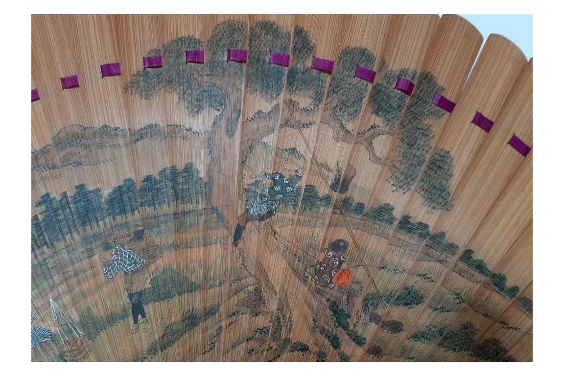 Pruning a pine tree, Japanese fan, Meiji era