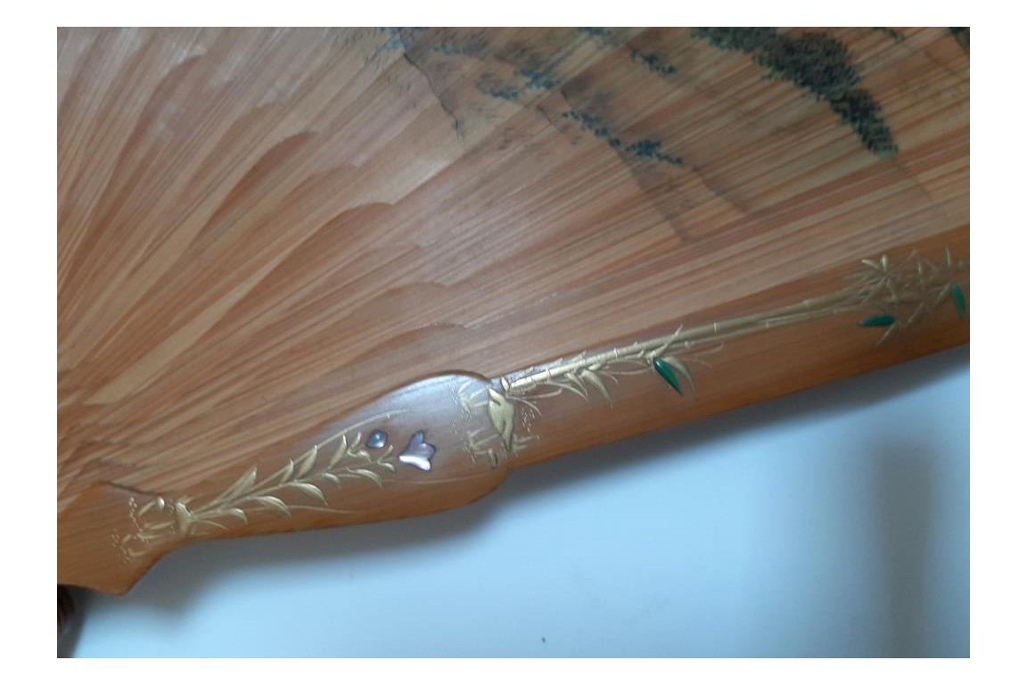 Pruning a pine tree, Japanese fan, Meiji era