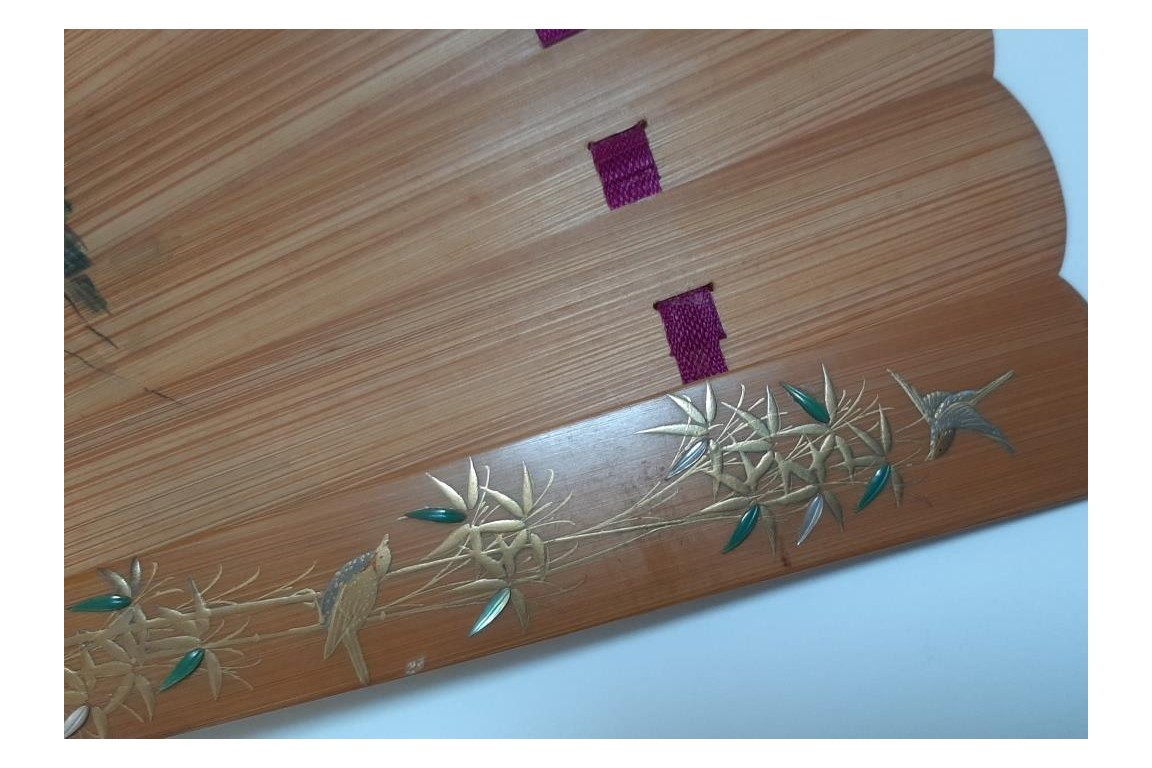 Pruning a pine tree, Japanese fan, Meiji era