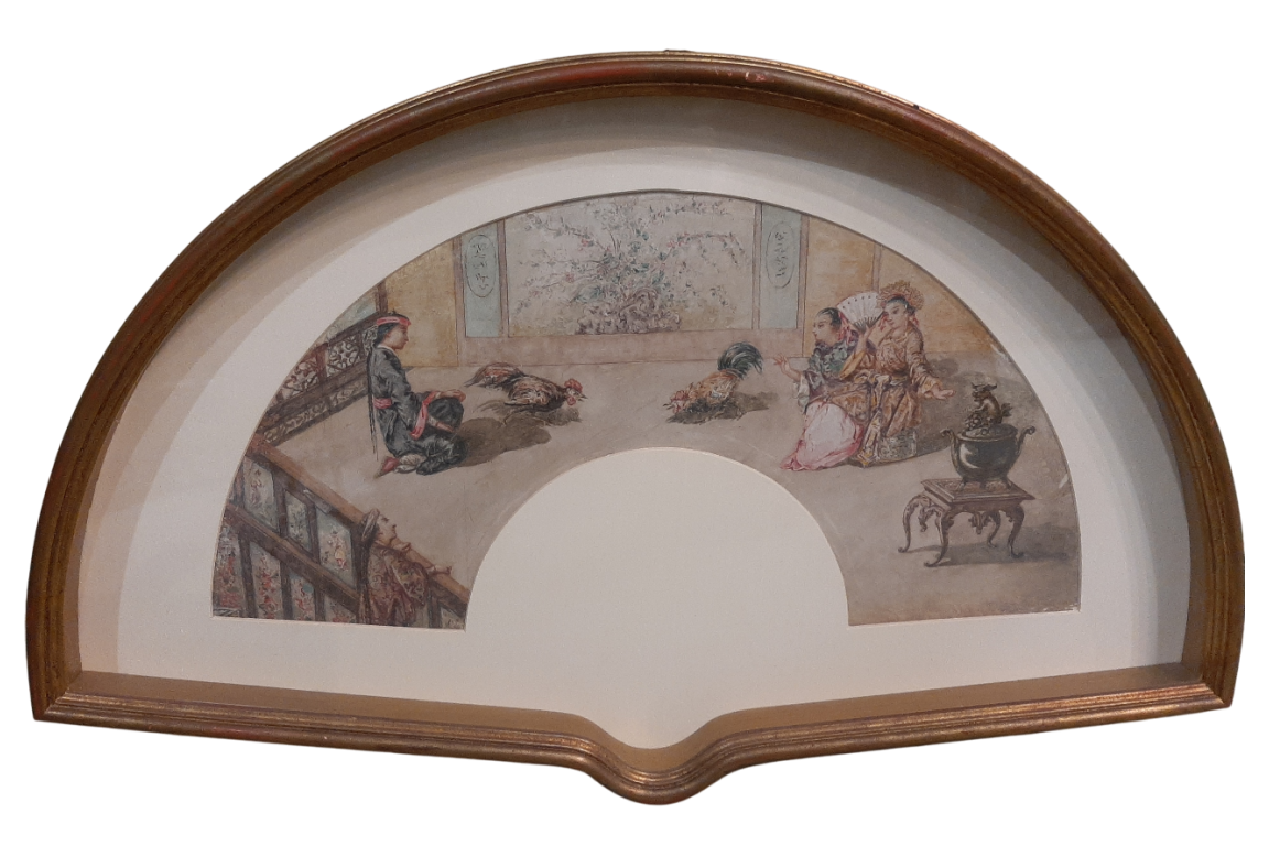 Chinese cockfighting, fan leaf 19th century