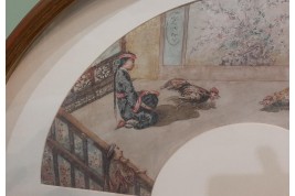 Le combat de coqs chinois, feuille d'éventail XIXème siècle