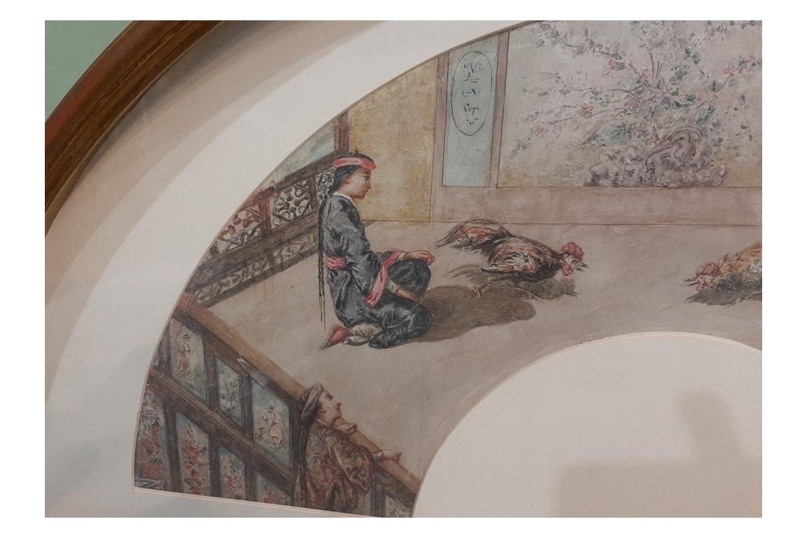 Chinese cockfighting, fan leaf 19th century