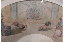 Le combat de coqs chinois, feuille d'éventail XIXème siècle
