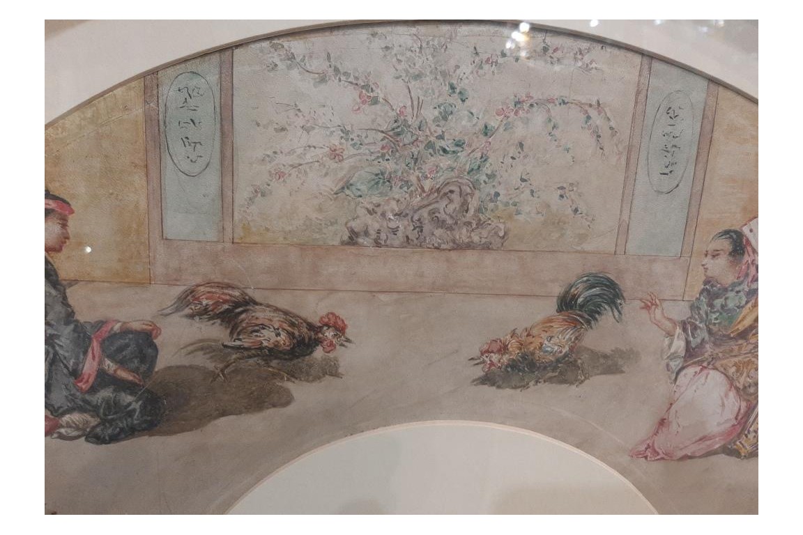 Le combat de coqs chinois, feuille d'éventail XIXème siècle