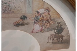 Le combat de coqs chinois, feuille d'éventail XIXème siècle