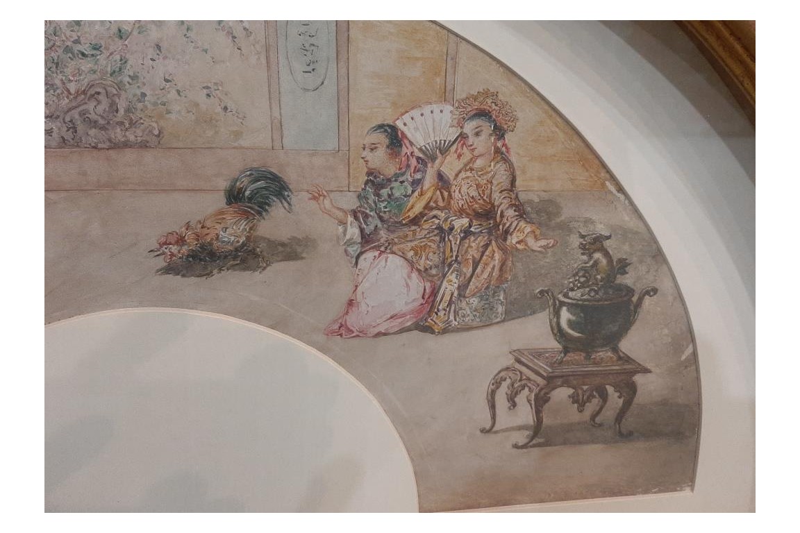 Le combat de coqs chinois, feuille d'éventail XIXème siècle