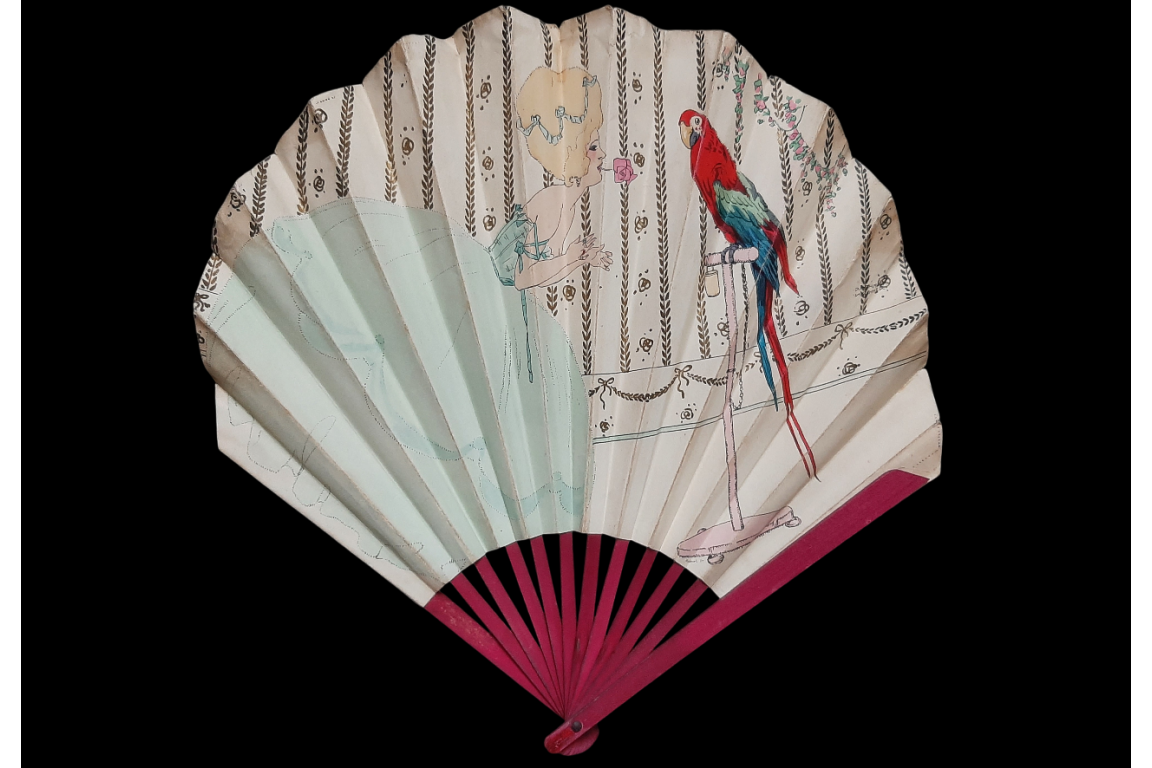 Marquise with parrot, Savoy Hotel advertising fan circa 1910-20