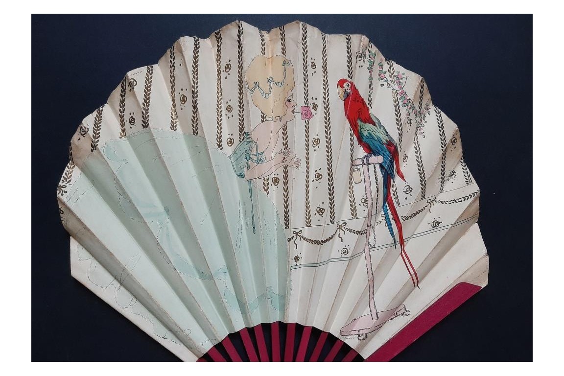 Marquise with parrot, Savoy Hotel advertising fan circa 1910-20